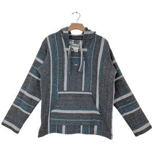 Senor Lopez Baja Hoodie Mens Medium Gray Striped Cotton Pullover Surfer Skater